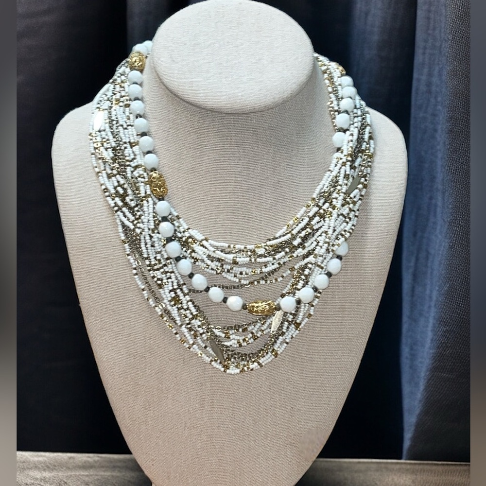 White and Gold Beaded Multi Strand Necklace